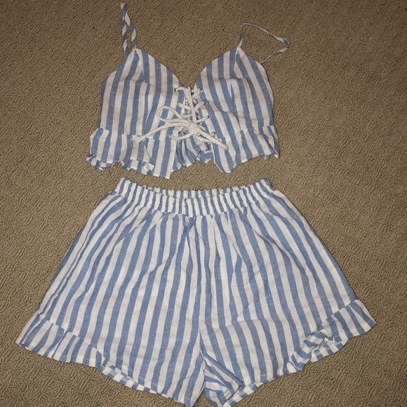 blue and white striped 2 piece outfit